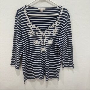 JM Collection Shirt Womens XL Navy White Striped Embroidered Coastal Preppy